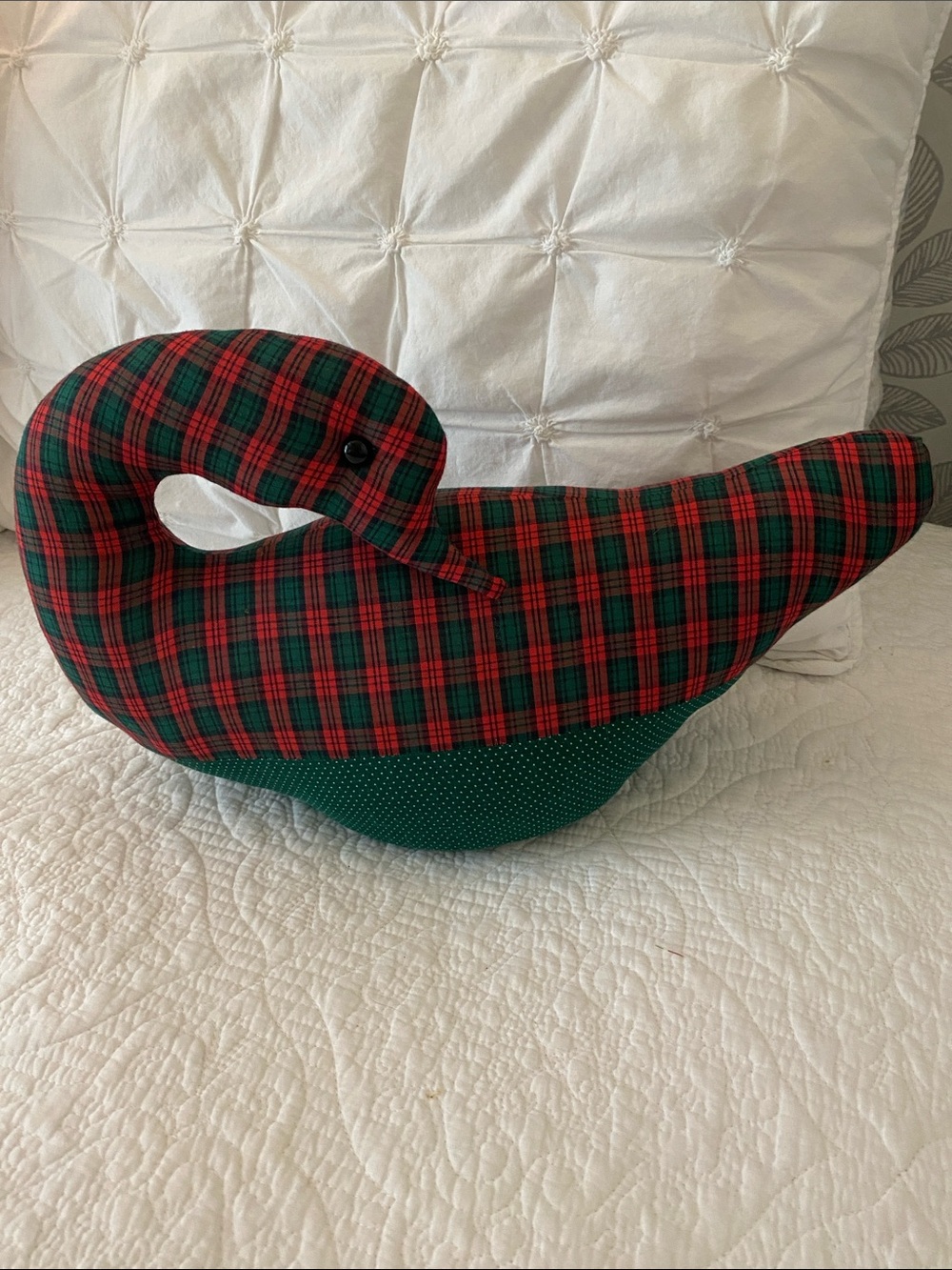 Handmade green and red plaid/polka dot Goose Doorstop